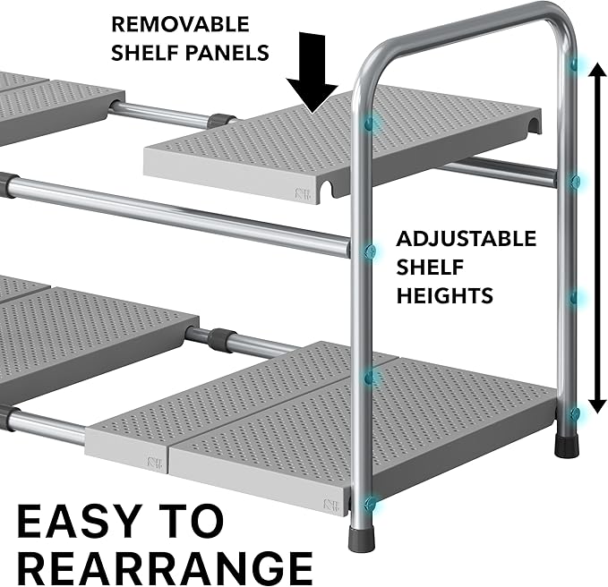 Simple Houseware Under Sink 2-Tier Heavy Duty Expandable Rack Organizer, Adjustable Width 15.75–25 Inches with 4 Shelf Height Levels, Silver