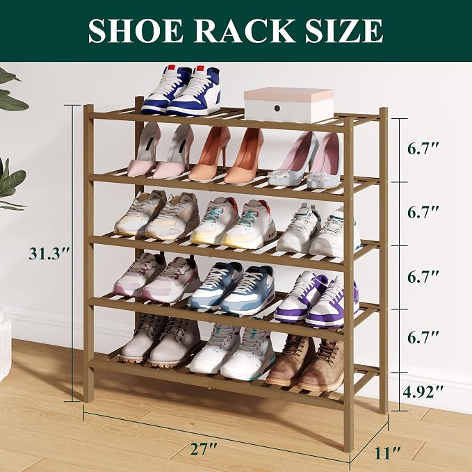 Smiry Bamboo Shoe Rack for Closet, 5 Tier Wooden Shoe Organizer, Stackable Wood Shoe Storage Shelf for Entryway, 14 Vertical Slats, 2+3 Stack Heavy-Duty Legs, 26.77"x11.02"x31.3", Walnut