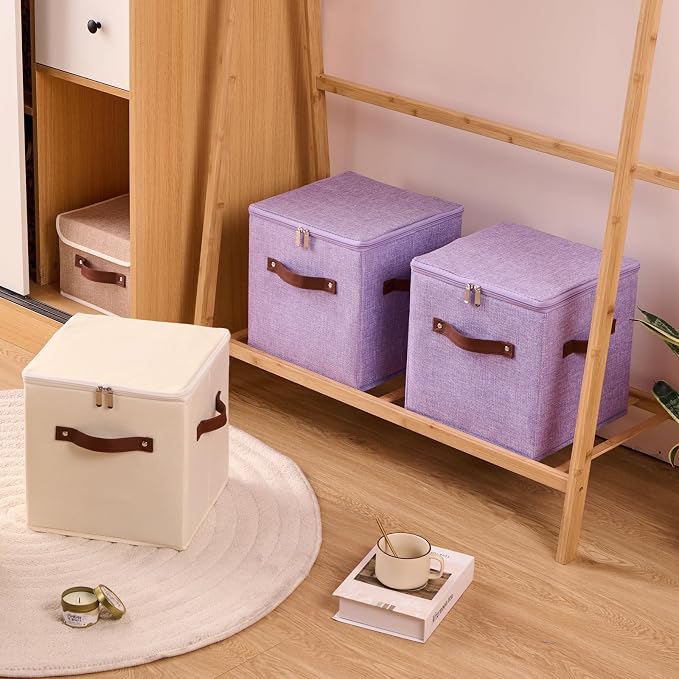 2PCS Storage Cubes with Lid Fabric Storage Bins Boxes PU Leather Handles Cotton Linen Closet Organizer Container Decorative Foldable Washable Shelf Cloth Basket (Zipper Lid, Purple, 11in)