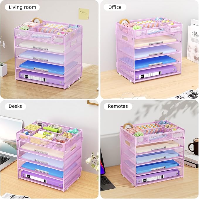Marbrasse 5 Tier Mesh Desk File Organizer, Purple | Letter Tray, With Handle, Paper Sorter, Adjustable
