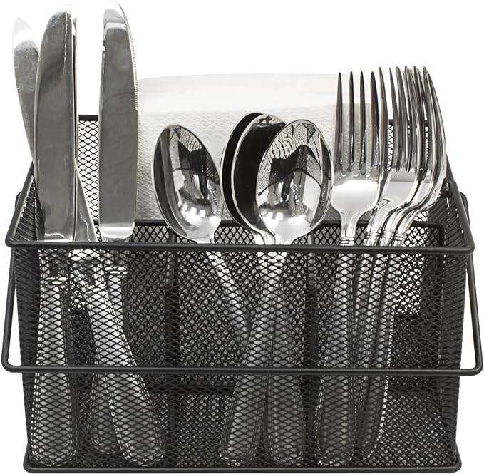 Sorbus® Utensil Caddy — Silverware, Napkin Holder, and Condiment Organizer — Multi-Purpose Steel Mesh Caddy—Ideal for Kitchen, Dining, Entertaining, Tailgating, Picnics, and much more (Black)