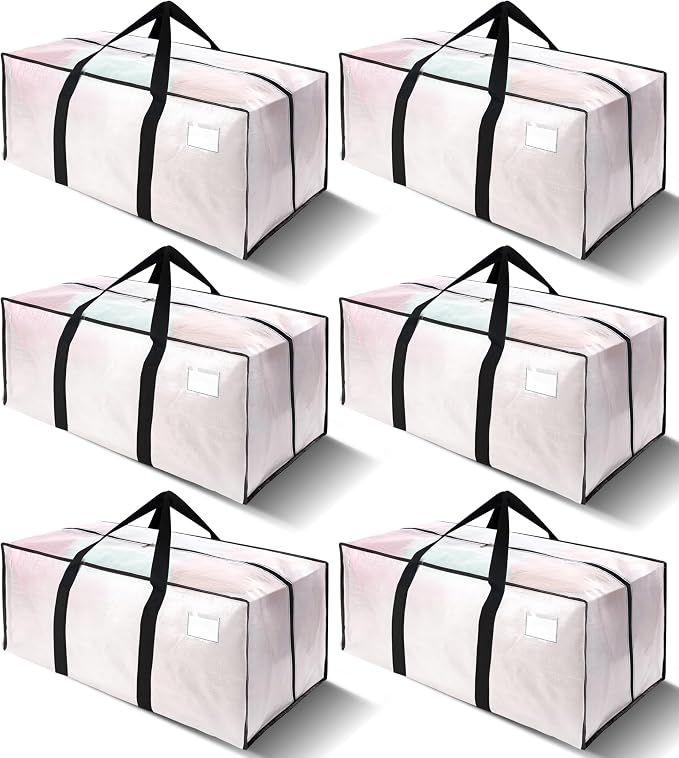 6 Pack Heavy Duty Extra Large Moving Bags W/Backpack Straps - Strong Handles & Zippers, Storage Totes For Space Saving, Fold Flat, Alternative to Box and Bin (40 gal, Semi-Transparent)
