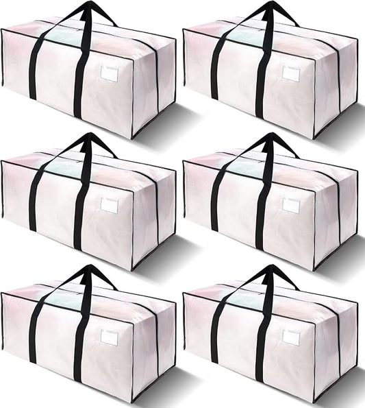 6 Pack Heavy Duty Extra Large Moving Bags W/Backpack Straps - Strong Handles & Zippers, Storage Totes For Space Saving, Fold Flat, Alternative to Box and Bin (40 gal, Semi-Transparent)