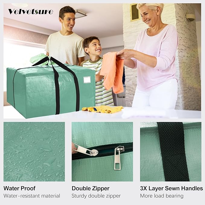 VELVETSURE 6 Pack Heavy Duty Large Moving Bags W/Backpack Straps - Strong Handles & Zippers, Storage Totes For Space Saving, Fold Flat, Alternative to Moving Box and Storage Bin, Teal