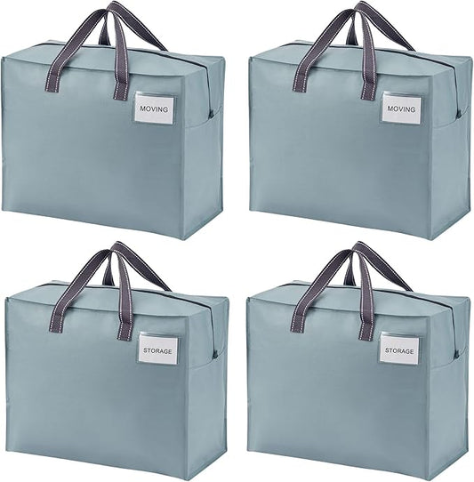 VENO 4 Pack Heavy Duty Moving Bags, Storage Bags, Packing Supplies, Top Zipper, Storage Totes for Camping, Clothes, Bedding, Comforters, Pillows (13 Gallon Light Blue, 4 Pack)