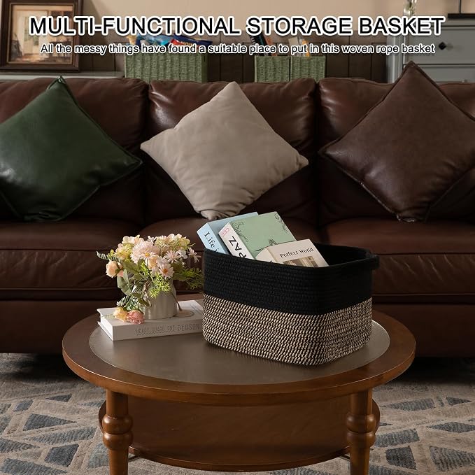 OIAHOMY Woven Storage Basket for Shelves, Rectangle Cotton Rope Baskets for Organizing, 13 x 10 x 9 in, Storage Bins for Dog Toys,Towel,Books,Gift,Black and Brown