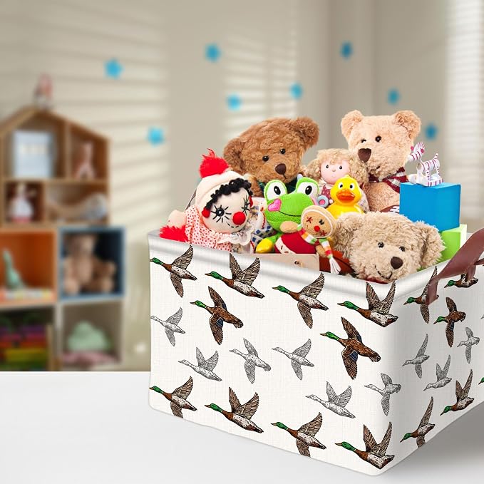 Mallard Duck Storage Basket Waterproof Canvas Toy Storage Bin Mallard Duck Room Decor Collapsible Outdoor Basket with Leather Handles Blanket Baskets For Closets,Bedrooms,Gifts Baskets