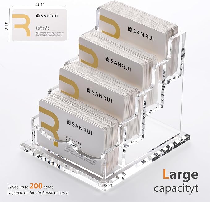 SANRUI Clear Acrylic Business Card Holder for Desk Display Stand Holders Organizer Rack, 4 Tier 4 Pocket, Holds 200 cards