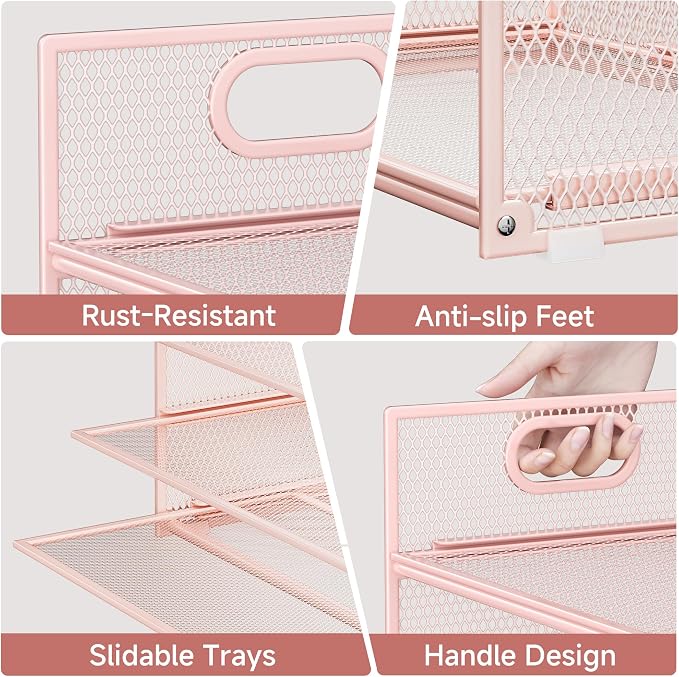Pink Paper Organizer for Desk with Handle, 6-Tier Metal Mesh File Organizer | Stackable Desktop Organizer for Office Supplies & Stationery Storage