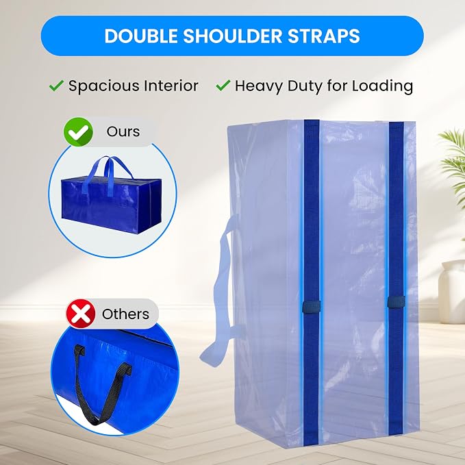 Simple Deluxe 12 Pack Extra Large Moving Bags with Backpack Straps, Strong Handles/Zippers, Heavy Duty Storage Tote for Moving Travel Camping Space Saving, Blue