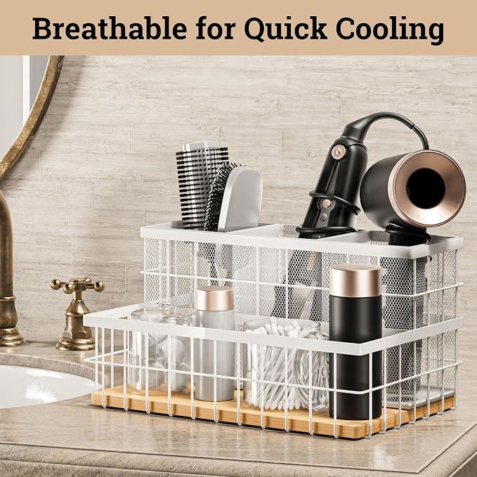 Hair Tool Organizer Countertop - Breathable Metal & Bamboo Hot Tools Organizer for Vanity - Hot Hair Tools Organizer Under Sink - Bathroom Hair Dryer Holder Countertop - Brush and Comb Holder Vanity
