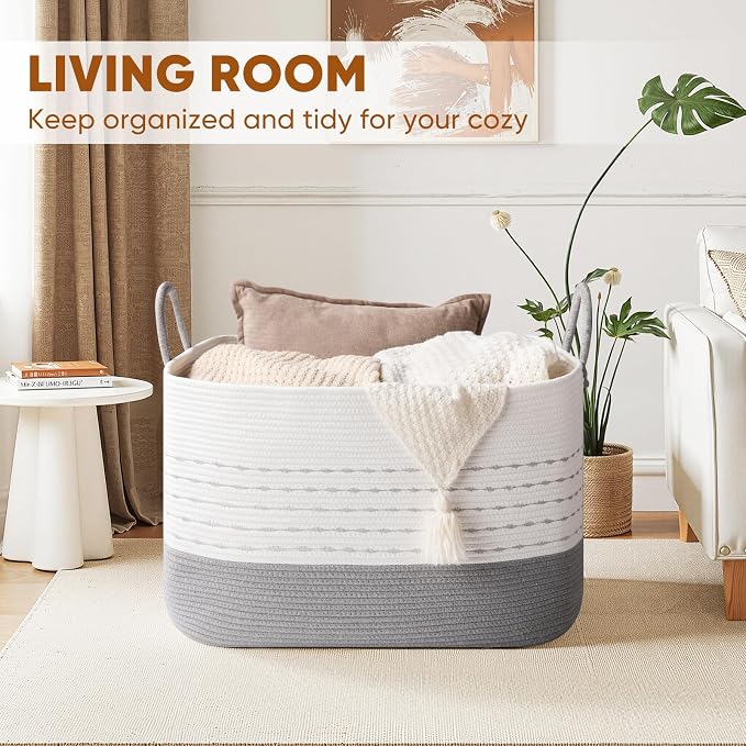 OIASKET XXL Large Blanket Basket for Living Room, 108L Woven Storage Baskets for Organizing, Rectangle Cotton Rope Basket Toy Chest With Handles-Grey & White