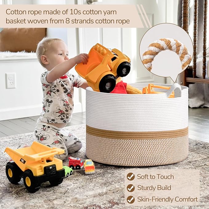 INDRESSME XXXLarge Cotton Rope Basket 21.7" x 21.7" x 13.8" Woven Baby laundry Blanket Basket for Home Decor Living Room Nursery, Toy Storage Baskets for Kids Boys Girls, White & Camel Mix