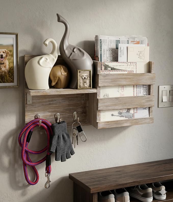 Rustic Wooden Wall-Mounted Key Hooks Holder & Mail Sorter | Farmhouse Decor | 3 Metal Hooks & Small Shelf | Natural Torched Wood | Easy Installation