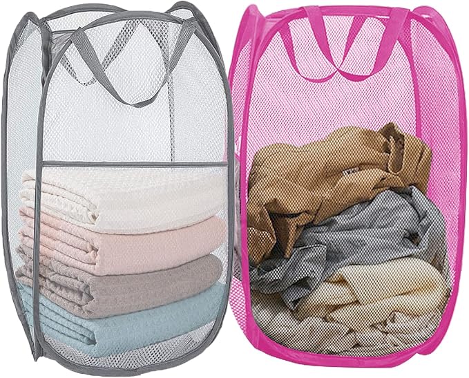 Pack of 2 Pop Up Laundry Hamper for Cruise, Foldable Laundry Basket Collapsible Design Space Saving, Large Side Pocket for Bedroom, Laundry Room, Travel, Hotel, Apartment (Grey+Rose Red)