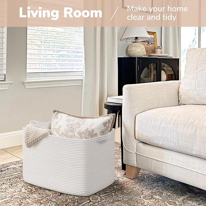 Goodpick Large Woven Basket 18" x 14" x 12" Cotton Rope Storage Baskets for Organizing, Rectangle Blanket Basket for Living Room Bedroom, Toy Baskets Storage Kids, White