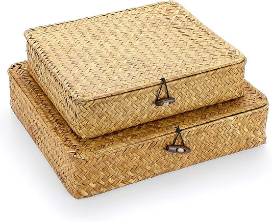 Hipiwe Set of 2 Flat Woven Wicker Storage Bins with Lid Natural Seagrass Basket Boxes Multipurpose Home Organizer Bins Boxes for Shelf Organizer, Caramel
