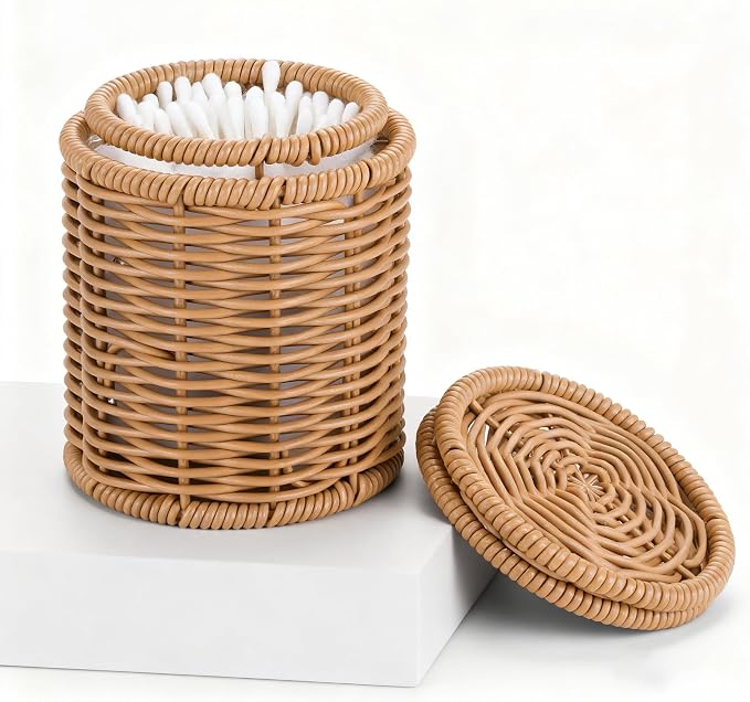 Rattan Q-tip Holder with Lid, Cotton Swab Canister for Bathroom | Large storage capacity for floss picks & makeup pads,Handcrafted rattan texture elevates bathroom decor