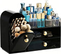 HBlife Makeup Organizer Countertop with Drawers, Vanity Organizers with Brush Holder, Bathroom Counter Organizer for Perfume, Nail Polishes, Lipsticks, Skincare and Eyeshadow Palettes, Black and Gold
