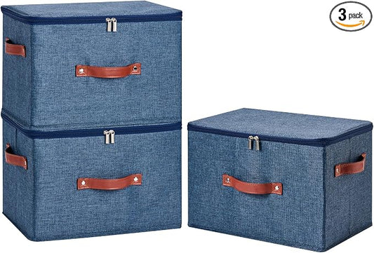 3PCS Storage Bins Boxes with Zippered Lids Cotton Linen Fabric Decorative Basket PU Leather Handles PP Plastic Board Foldable Lidded Shelf Closet Organizer Container (Denim Blue, Large)