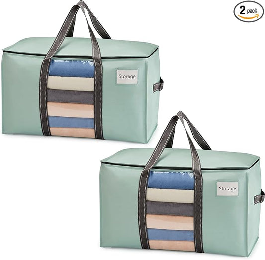 VENO 2 Pack Moving Bags with Clear Window, Heavy Duty Storage Bins with Lid, Around Handles, Tag, Zippers, Extra Large Totes Packing Moving Boxes Supplies for College Dorm Clothes (Light Green)