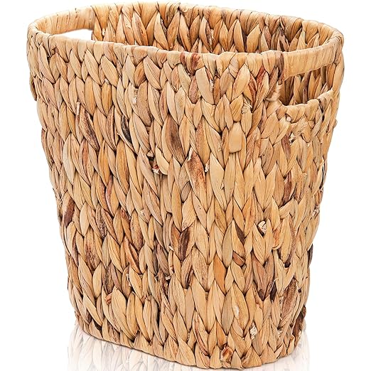 Pumtus Woven Trash Can, Handwoven Bathroom Waste Basket with Built-in Handles, Water Hyacinth Storage Bin, Garbage Laundry Magazine Container for Bedroom, Kitchen, Office, Utility Room