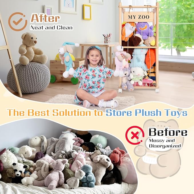 GLDZI Stuffed Animal Storage Zoo with Wheels, Wooden Stuffed Animal Organizer with Elastic Cords, Space Saving Toy Plushies Storage Holder for Playroom, Bedroom, Living Room(Burlywood, Small)
