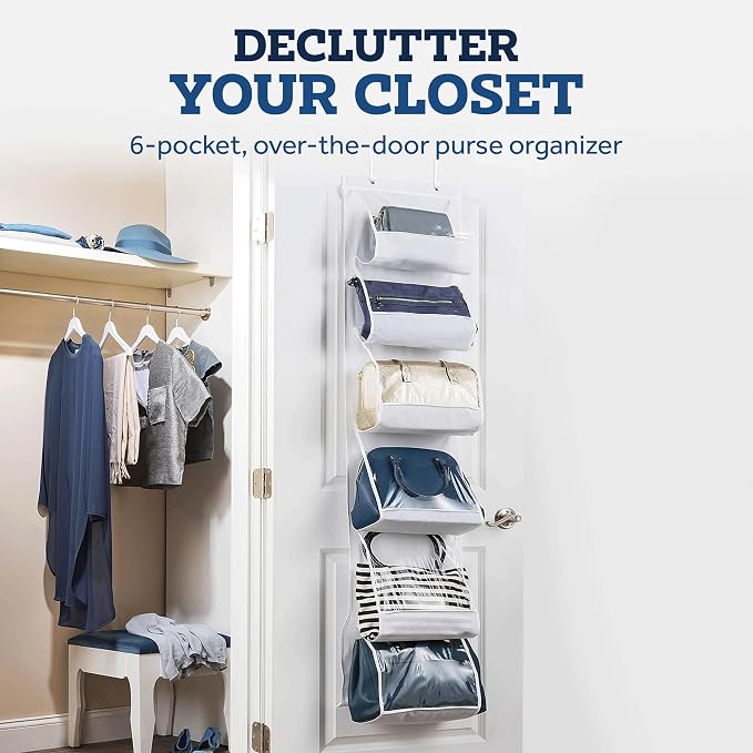 ZOBER Purse Organizer For Closet - Over The Door Purse Organizer W/ 6 Pockets for Easy Purse Storage - Durable Metal Hooks - Purse Rack W/Clear Pockets - White (1 Pack)