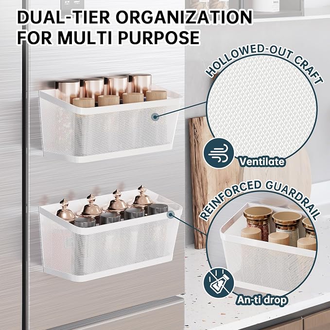 2Pcs Magnetic Spice Rack for Fridge Magnet Hanging Basket Holder for Seasonings Fruit Vegetables Coffee Beans Magnetic Organizer Shelf, Kitchen Refrigerator Organizers