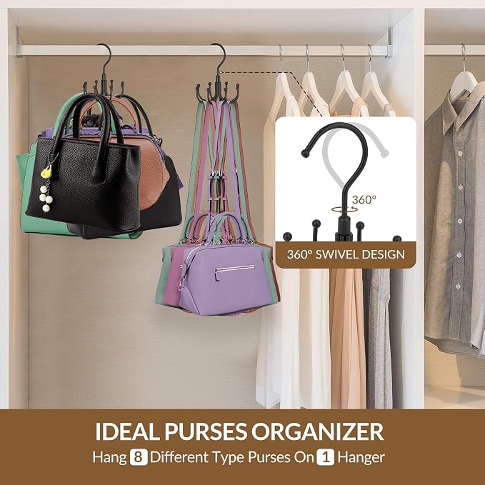 ZEDODIER Purse Hanger Organizer for Closet, Rotatable Sturdy Purses Holder Holds 8 Bags, Metal Space Saving Closet Organizers and Storage, Black