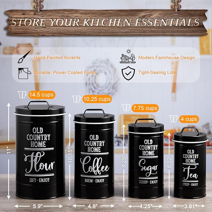 DAYYET Black Canisters Sets for the Kitchen, Airtight Kitchen Canisters for Countertop, Flour and Sugar Containers, Tea Coffee Sugar Canister Set, Black Kitchen Decor and Accessories, Set of 4