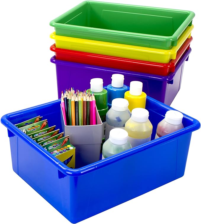 Storex Letter Size Deep Storage Tray – Organizer Bin for Classroom, Office and Home, Assorted Colors, 5-Pack (62530U05C)