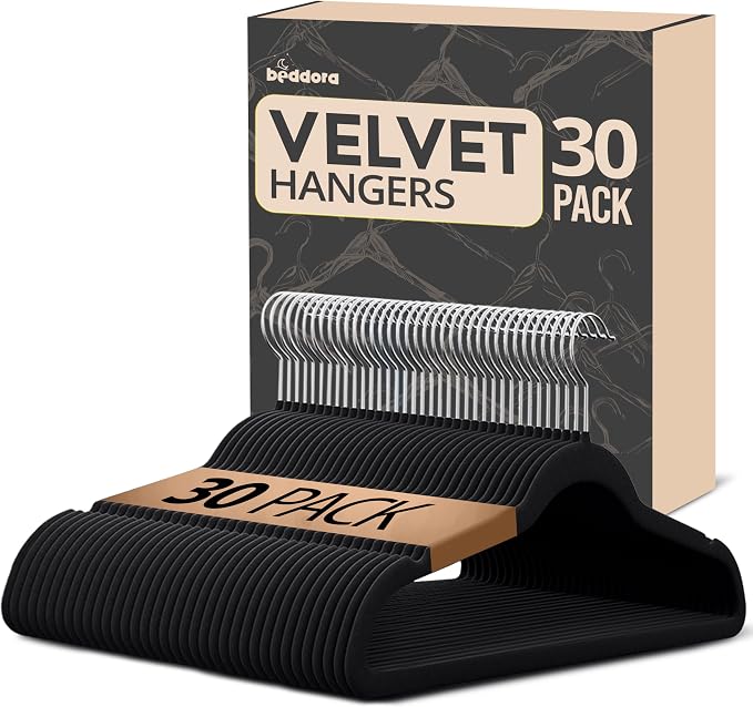 Beddora Velvet Hangers 30-Pack,Black Non-Slip Slim Space-Saving Closet Organizer, Suit & Coat Hangers, Heavy-Duty, 360° Swivel Hook