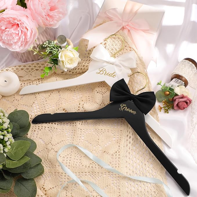 Beeveer 2 Pcs Bride Hanger and Groom Wedding Wooden Hanger with Letter and Bow Tie for Tuxedo Suit Bridesmaid Bridal Wedding Gift Bridal Party Shower (Classic)
