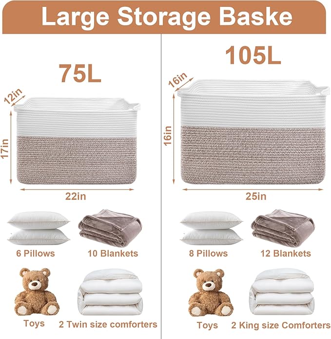 75L Extra Large Blanket Basket for Living Room - Cotton Rope Laundry Hamper Woven Baskets XXL Storage Bin with Handles for Dirty Clothes, Kids, Pets, Toys, Bedroom, 22" x 17" x 12", White & Brown