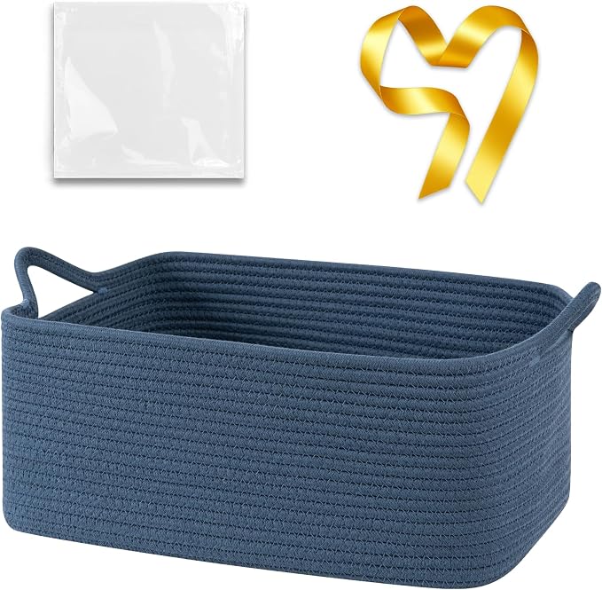 OIASKET Large Empty Cotton Rope Gift Basket with Handles, 16.5"x12.6"x7" Decorative Woven Storage Basket with Gift Bag and Ribbon Set for Baby Shower, Toy Organizer for Kids, Dogs & Cats - Blue