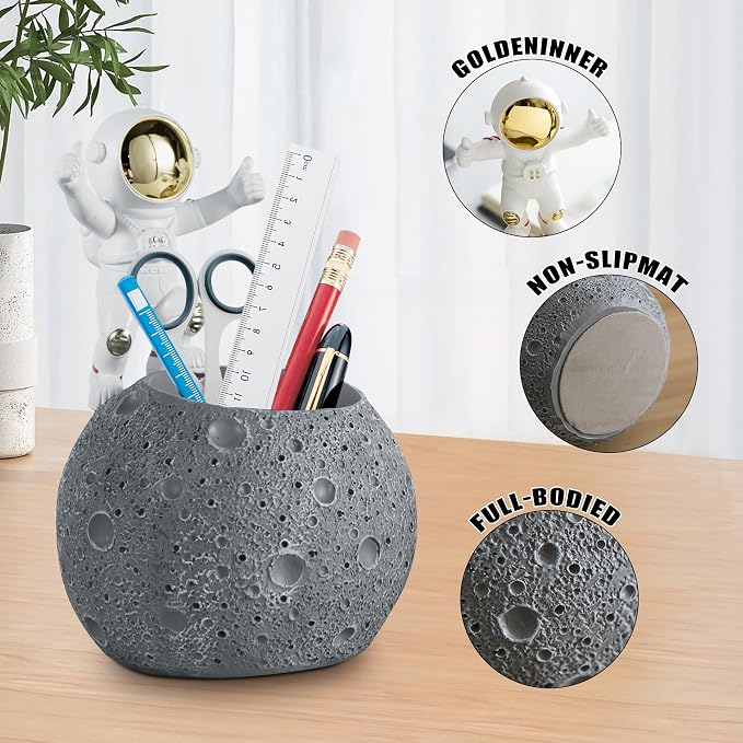 Kimdio Pen Holder, Astronaut Stand for Desk Pencil Holder, Resin Desk Moon Organizer Decorative Accessories Ideal Gift for Office, Classroom, Home - Grey