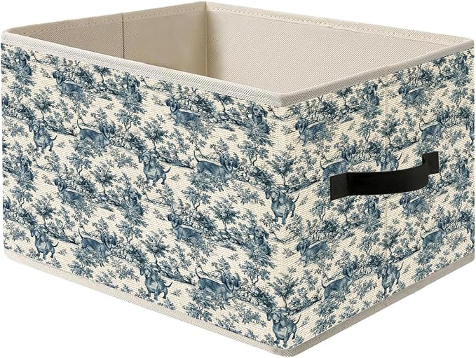 Blue and White Chinoiserie Botanical Dachshund Storage Bin Box with Handles, French Country Weiner Doxie Dog Foldable Organizer Basket Toybox for Home Bedroom Bathroom Clothes Toys Books