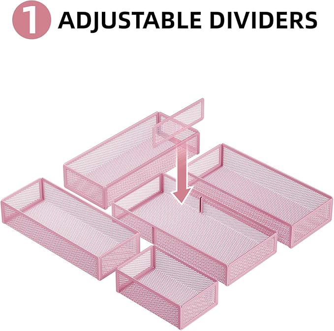 Marbrasse 5 Pack Desk Drawer Organizer Set, Mesh Drawer Storage Trays with 1 Adjustable Divider, Desk Organizers and Accessories, 5 PCS Drawer for Office Supplies, Makeup & Vanity (Pink)