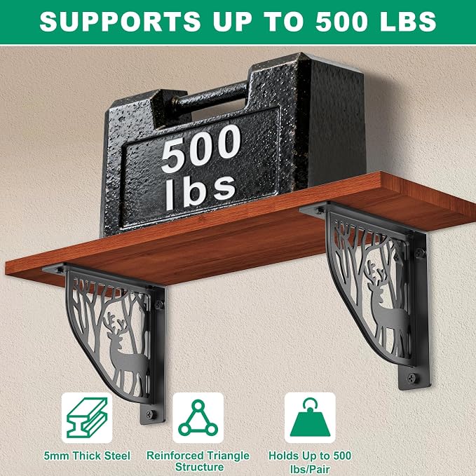 SELEWARE Black Heavy Duty Shelf Brackets, L 8" x H 8" x W 2" Wall Mount Decorative Shelving Brackets, 1/5" Thick Metal L Brackets with Mounting Hardware for DIY Floating Shelf (Sika Deer, 2 Pack)