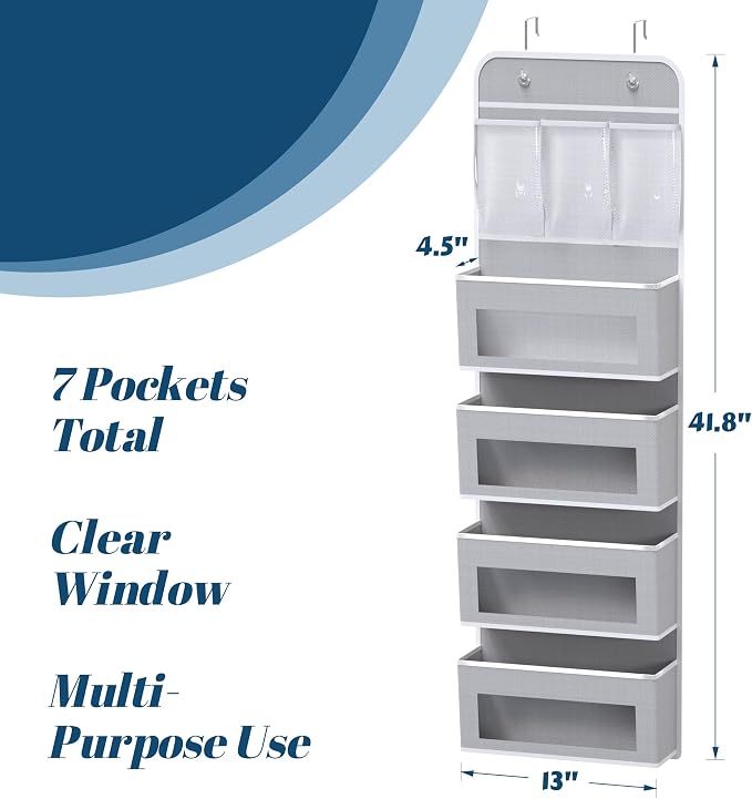 Simple Houseware 4 Clear Window Pocket Over Door Hanging Organizer, Gray | with 3 Clear Pockets, Over the Door Storage for Closet, Bedroom, Bathroom, Pantry