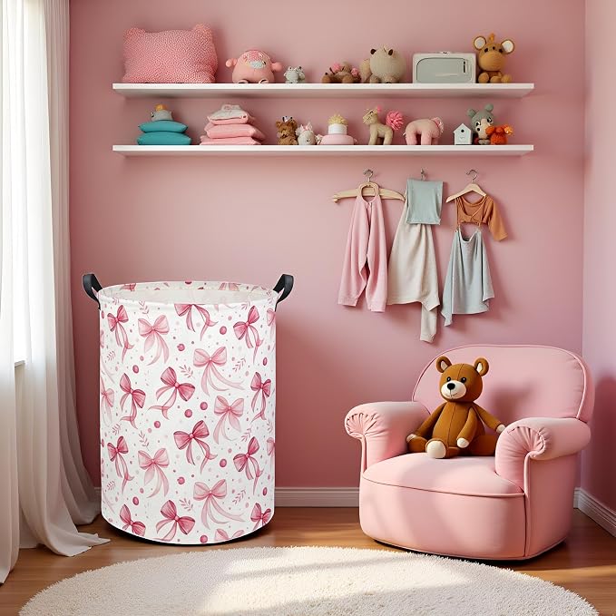 Butterfly Baby Laundry Basket Baby Hamper for Nursery Girl Kids Butterfly Hamper Cute Kids Toys Storage Bin Organizer Butterfly Room Decor for Home(Pink Bowknot)