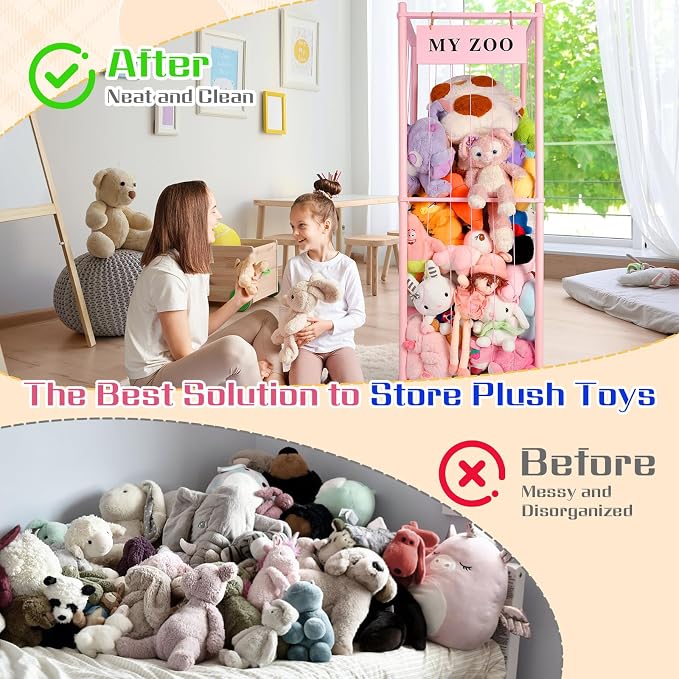 GLDZI Stuffed Animal Storage Zoo, Wooden Stuffed Animal Organizer with Elastic Cords for Boys Girls, Space Saving Toy Plushies Storage Holder for Playroom, Bedroom, Living Room (Pink, Large)