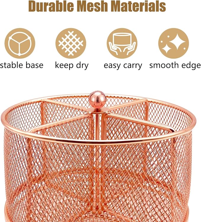 DysanVica 360 Rotating Metal Utensil Caddy - 4 Compartment Silverware Cutlery Holder Fork Spoon Napkin Organizer Flatware Storage Basket Party Countertop Buffet Picnic Camping Outdoor Rose Gold Pink