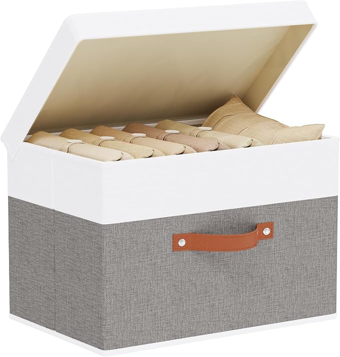 Storage Basket with Lid, Storage Bin, 17.7 x 11.8 x 11.8 Inch Closet Organizer Box with Handles for Bedroom Laundry, White and Grey, 1-Pack