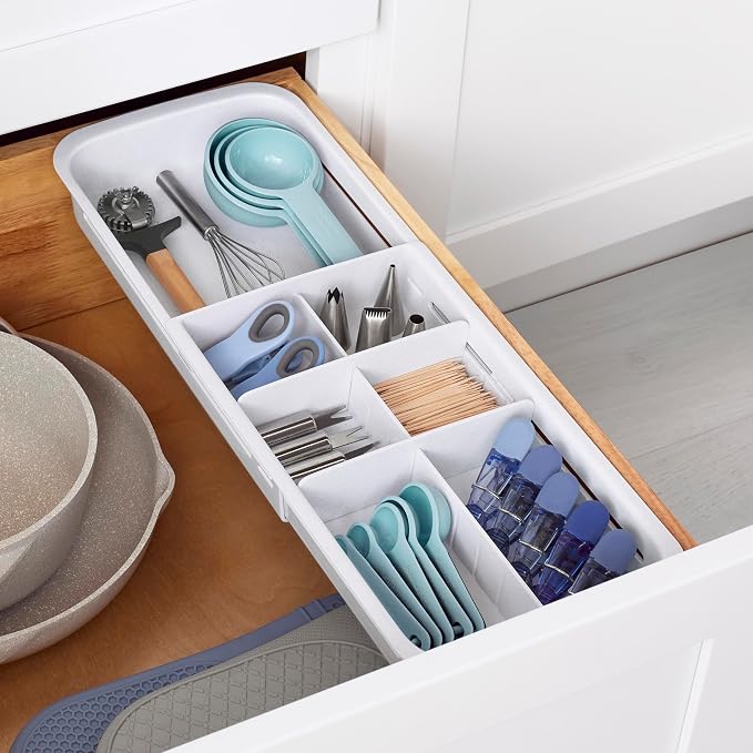 YouCopia DrawerFit Sliding Drawer Tray with Adjustable Dividers, Expandable Kitchen Storage Organizer, Speckled White