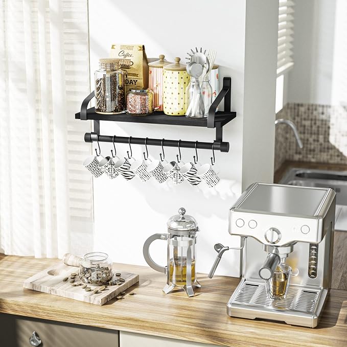 Love-KANKEI 17.3" Floating Wall Shelf Solid Wood/Bracket,Coffee Bar,Black | Spice Rack,Towel Bar/8 Hooks,40 Lbs/shelf,Easy to Install,For Kitchen,Bathroom,Living Room,Bedroom,Office,Entryway Display