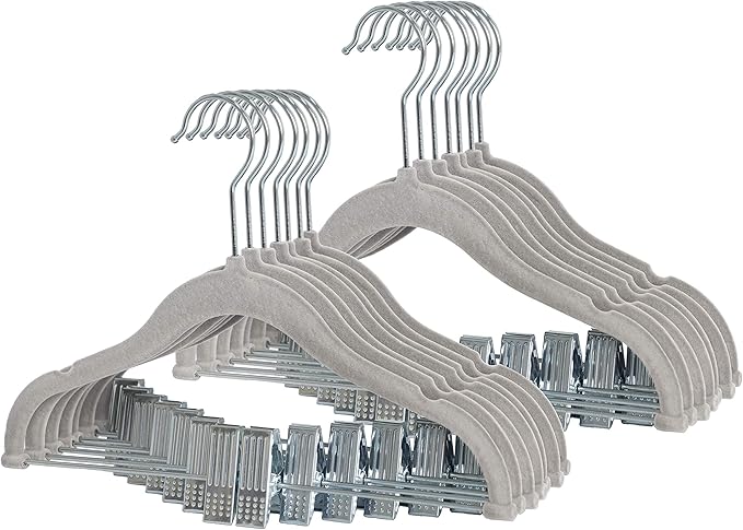 Finnhomy Non-Slip Clothes Hangers for Baby and Kids 20-Pack Velvet Hangers with Movable Clips, Heavy-Duty and Space-Saving for Pants,Skirts, Coat, Gray