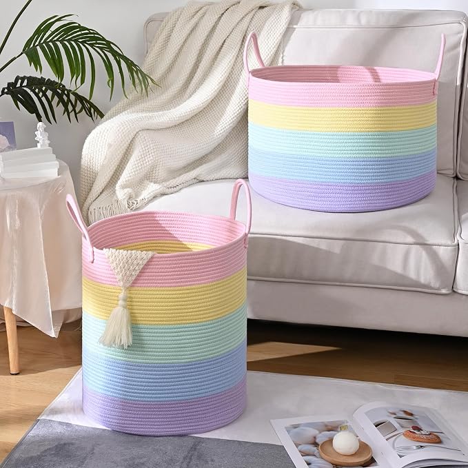 Laundry Hamper for Organizing, 52L Large Laundry Baskets, Cotton Rope Woven Blanket Basket, Collapsible Laundry Hamper for Living Room, Nursery, 15"×18", Light Rainbow