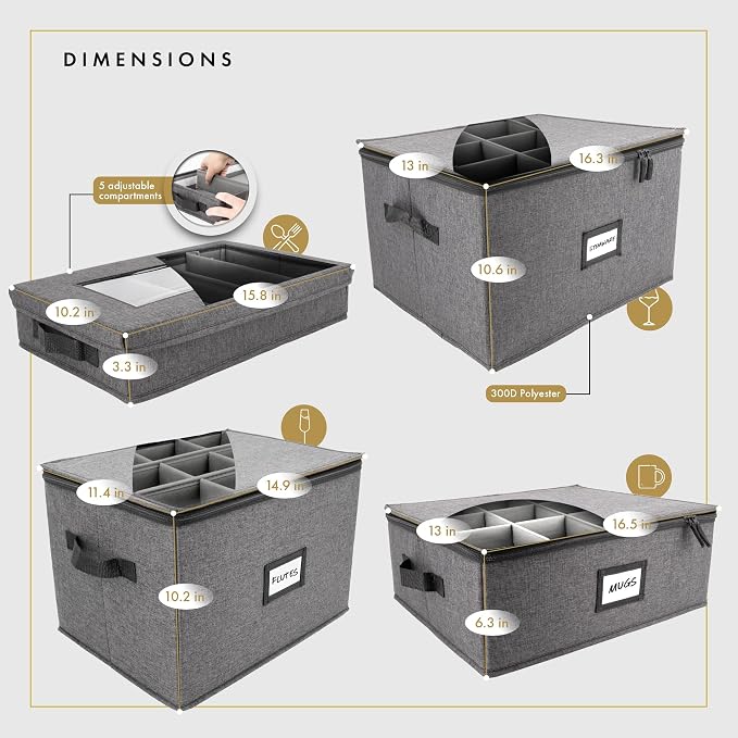 HOMELUX THEORY Champagne Flute Storage Box, Light Gray Hard Shell China Storage Containers, Kitchen Storage Bins With Lids, Heavy Duty Moving Box for Glasses & Stemware, Glassware & Wine Glass